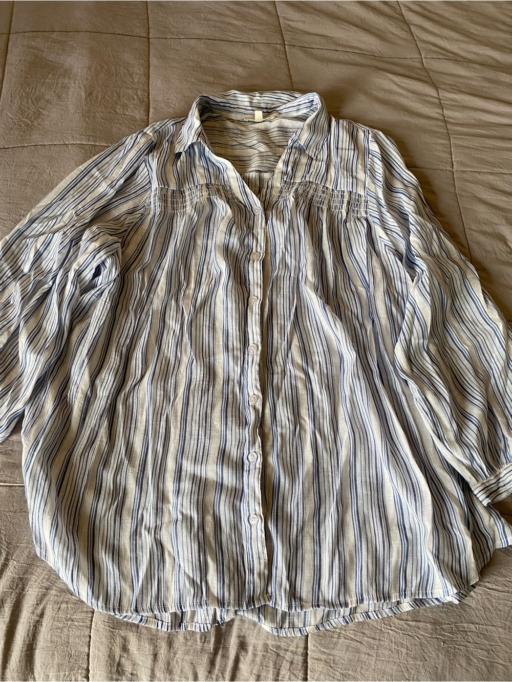 Women's Striped Button-Down Shirt in White and Blue